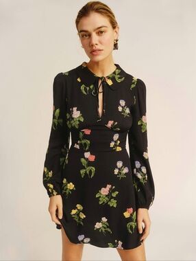 Reformation Will Mini Dress night bloom floral black long sleeve women's size 6